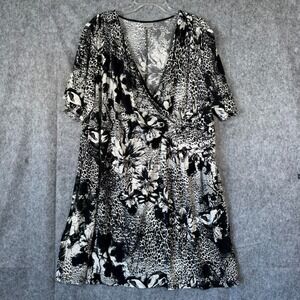 Vtg Avenue Midi Dress‎ 26/28 Black Animal Print Floral Y2K Whimsigoth Faux Wrap